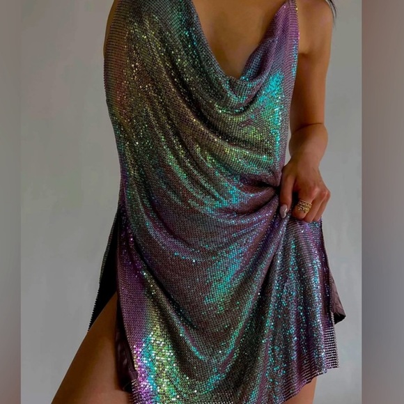 SIYA Halter Glow Mesh Mini Dress - Iridescent Purple - Picture 1 of 9